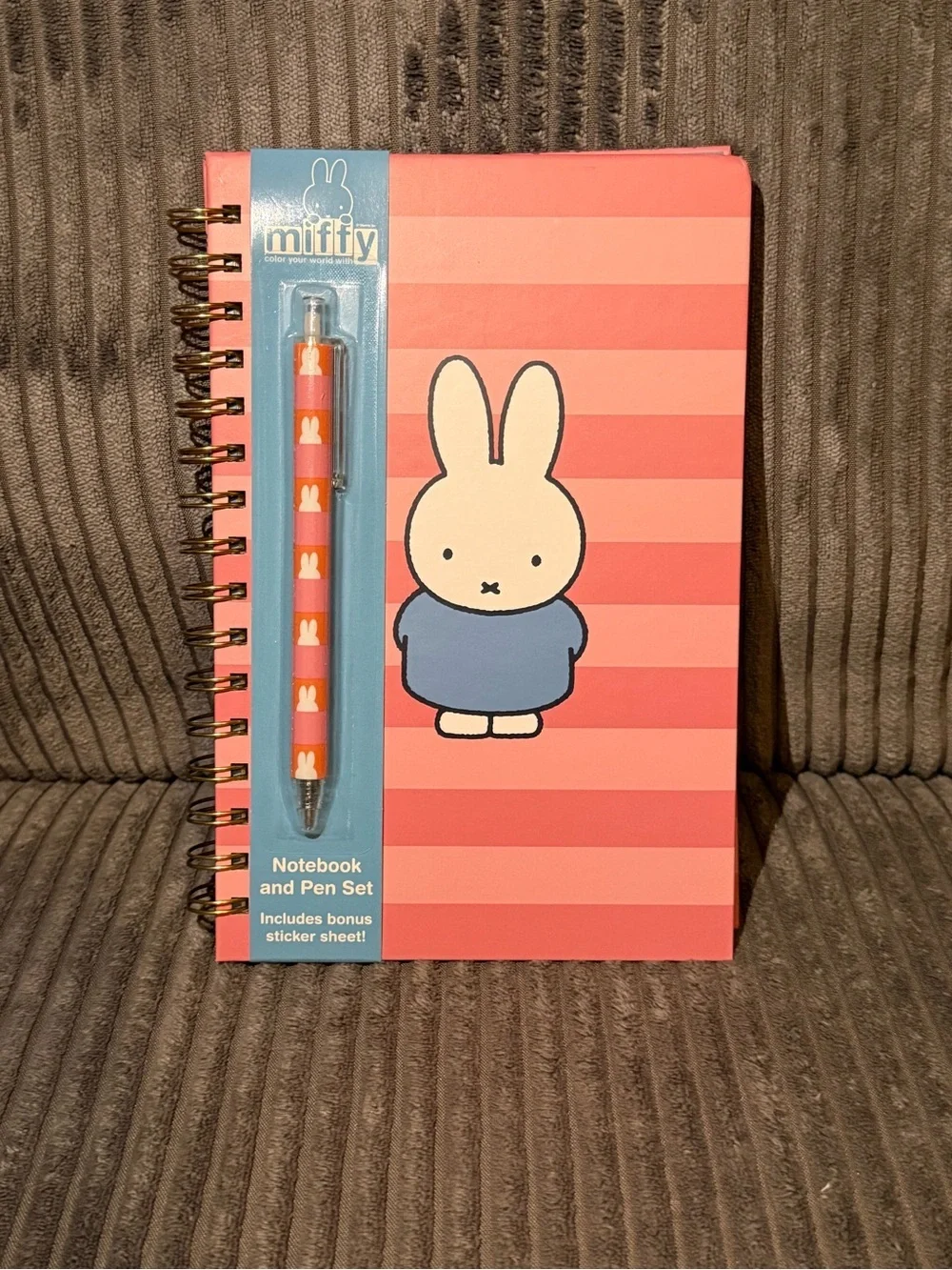 miffy Coral Striped Notebook & Pen Set with Blue Outfit